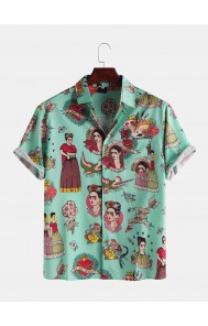 Mens Funny Cartoon Printed Chest Pocket Turn Down Collar Short Sleeve Shirts